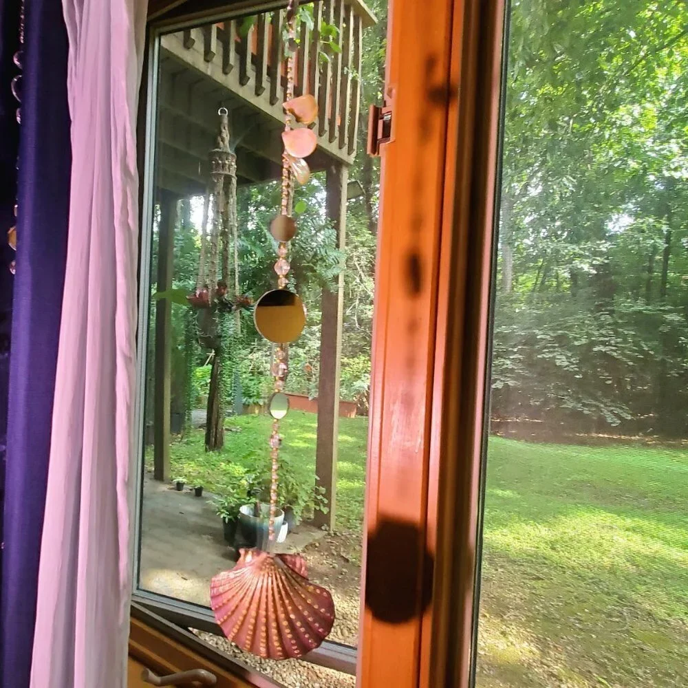 Suncatcher with Painted Seashell, Mirrors and Glass Seed Beads and Acrylic Beads
